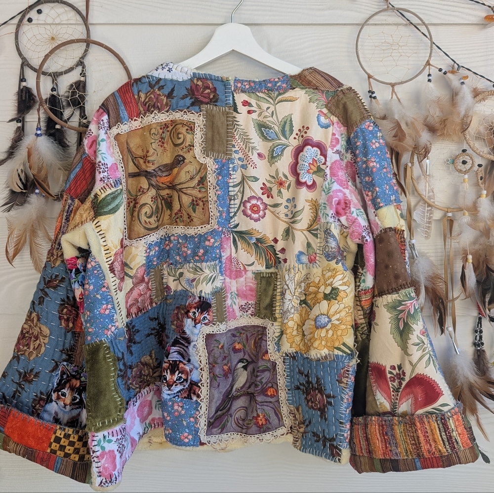 Handmade Boho Hippie Handstitched Patchwork Jacket Upcycled Appliqué Oversized - Picture 5 of 14